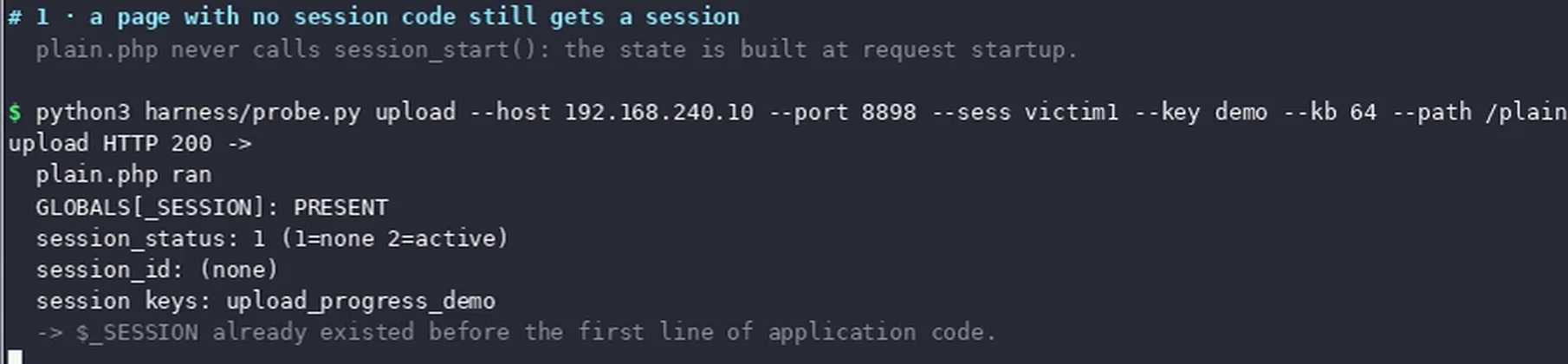 Output on the test client. Even though the page never starts a session, $_SESSION is reported as existing before the application code.
