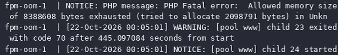 Server log. Right after a fatal error for exceeding the memory limit, the log records that a worker exited with code 70.